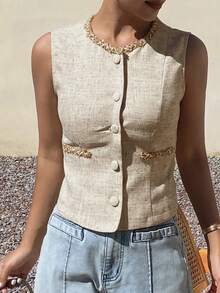 Livesso 女士圆领休闲百搭日常外套 - 卡其色 - 查看 5