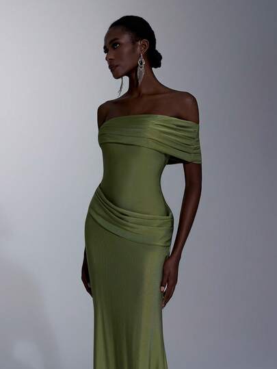 Elitara 优雅军绿色高弹针织不对称肩部褶裥不对称腰线鱼尾裙摆连衣裙，简约时尚，适合约会、婚礼、度假、海滩、单身派对、毕业典礼、女士晚礼服等场合。
