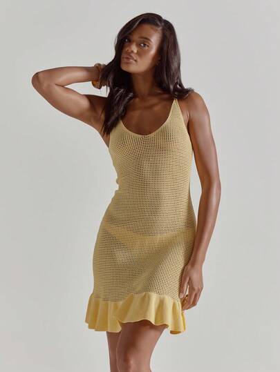 MUSERA Deep V Skinny Strap Frill Hem Fitted Square Knit Crochet Dress Cute Beach Coverup Summer Spring Holiday Going Out Swim Sexy Crochet Knit