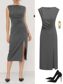 Ellevyn Women's Solid Color Pleated Elegant Waist-Cinched Mid-Length Dress, Suitable For Daily Office Wear Office Siren Outfits - Grey - View 6
