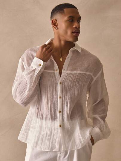 Musero Long Sleeve Oversized Light Weight Collared Sheer Button Through Shirt Top Spring Summer Essentials