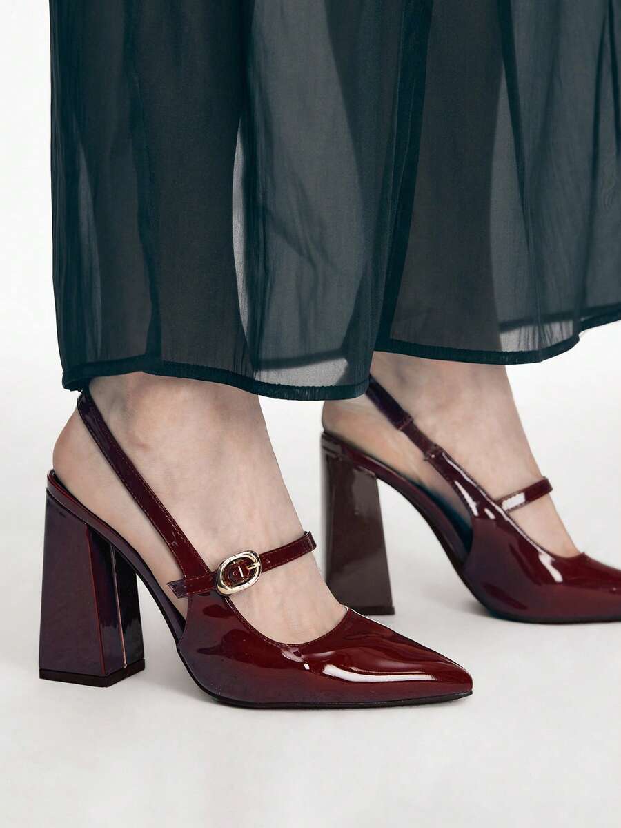 Mnmlis Women's Pointed Toe Buckle Design Fashionable High Heels For Daily Commute - Burgundy - View 1