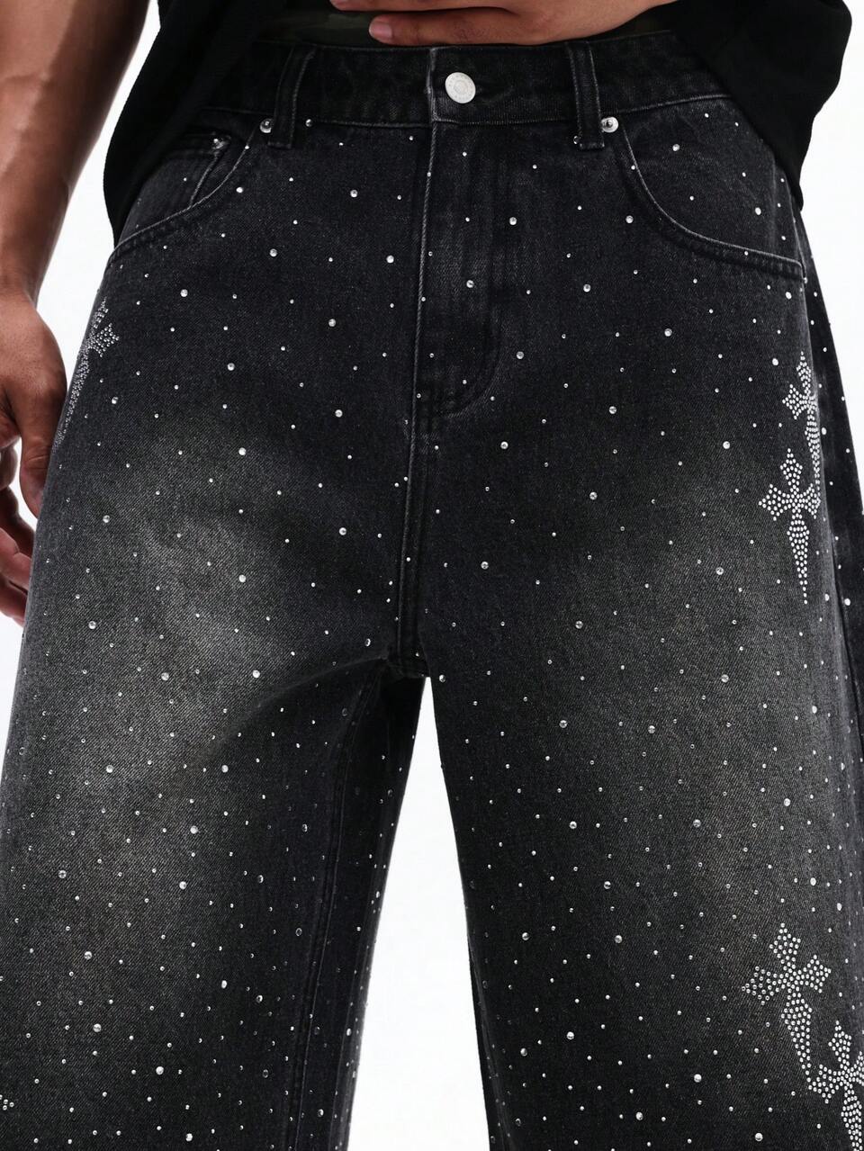 SUMWON Sparkle Rhinestone Denim Jorts Frayed Hem