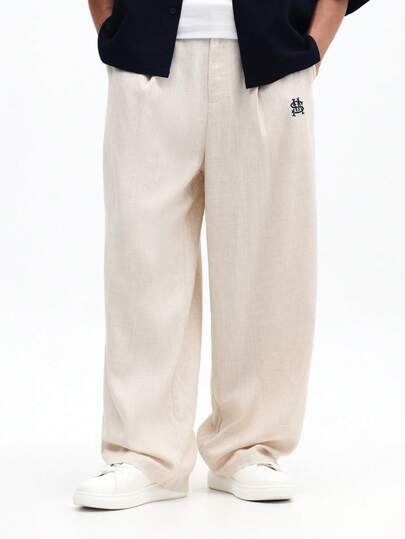 SUMWON Men's Relaxed Fit Wide Leg Linen Trousers With Comfort Waistband And Side Pockets For Summer Casual Wear Smart Style