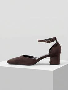 Mnmlis Tacones altos para mujer para exteriores, zapatos de moda de tacón grueso y punta cuadrada, versátiles, de ante y con diseño hueco, para primavera, verano, otoño e invierno - Café - Ver 2