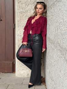 Jeta Ari 黑色上衣；秋季女装；短款上衣；节日服装派对聚会黑色网眼透视荷叶肩带深 V 领女式性感长袖衬衫 - 酒紅色 - 查看 4