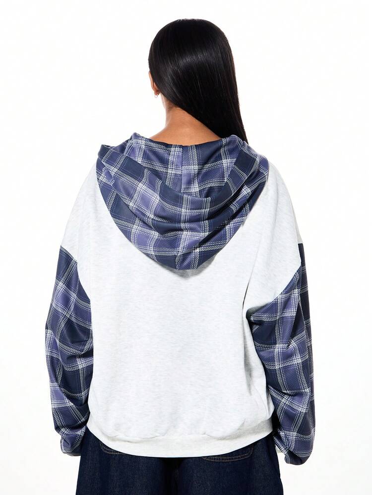 SUMWON WOMEN Spliced Plaid Zip Up Hoodie