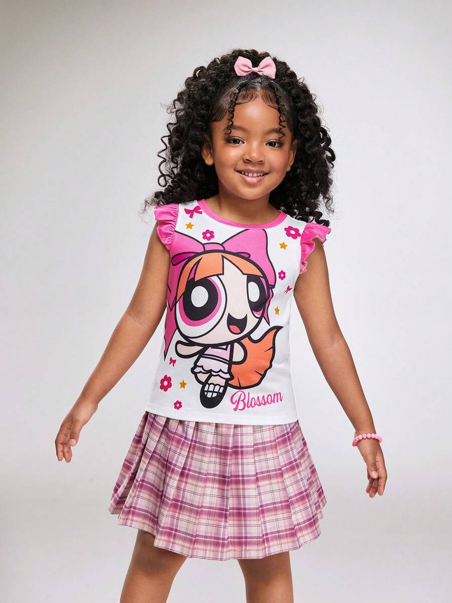 THE POWERPUFF GIRLS X SHEIN 女童休闲卡通印花短袖T恤，夏季 - 粉色 - 查看 1