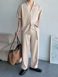 DAZY Men's Short Sleeve Shirt And Pants Set, Apricot T-Shirt, Spring/Summer - Apricot - View 3