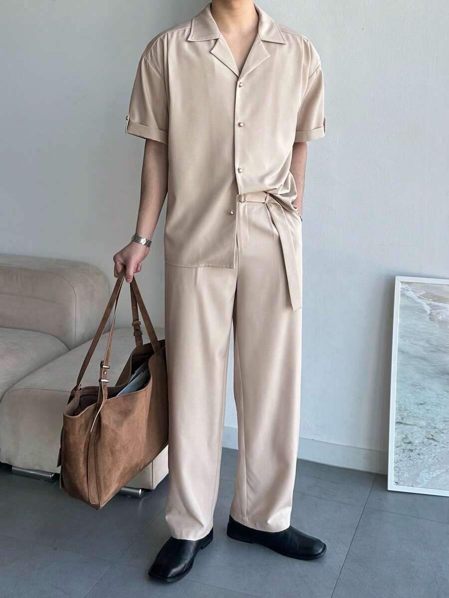 DAZY 男士短袖衬衫长裤套装，杏色T恤，春夏款 - 杏色 - 查看 1