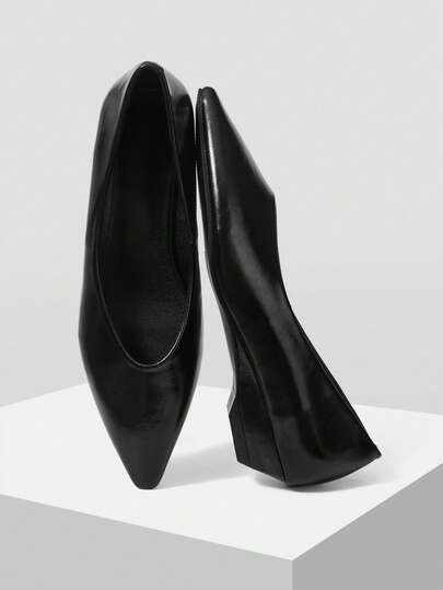 Mnmlis Fashion Oil Wax Leather Women's Small Wedge Heel Pointed Tip Pass Comfortable Versatile Qin High-End Women's High-Heeled Shoes