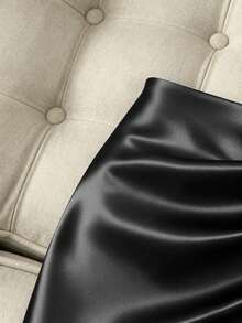 Franclia Fashionable New Glossy Asymmetrical Hem High Waist Slim Fit Pleated Bodycon Skirt, Spring/Summer - Black - View 5