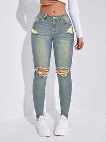 Casual Washed Low-Waist Distressed Skinny Jeans - Blue - View 1