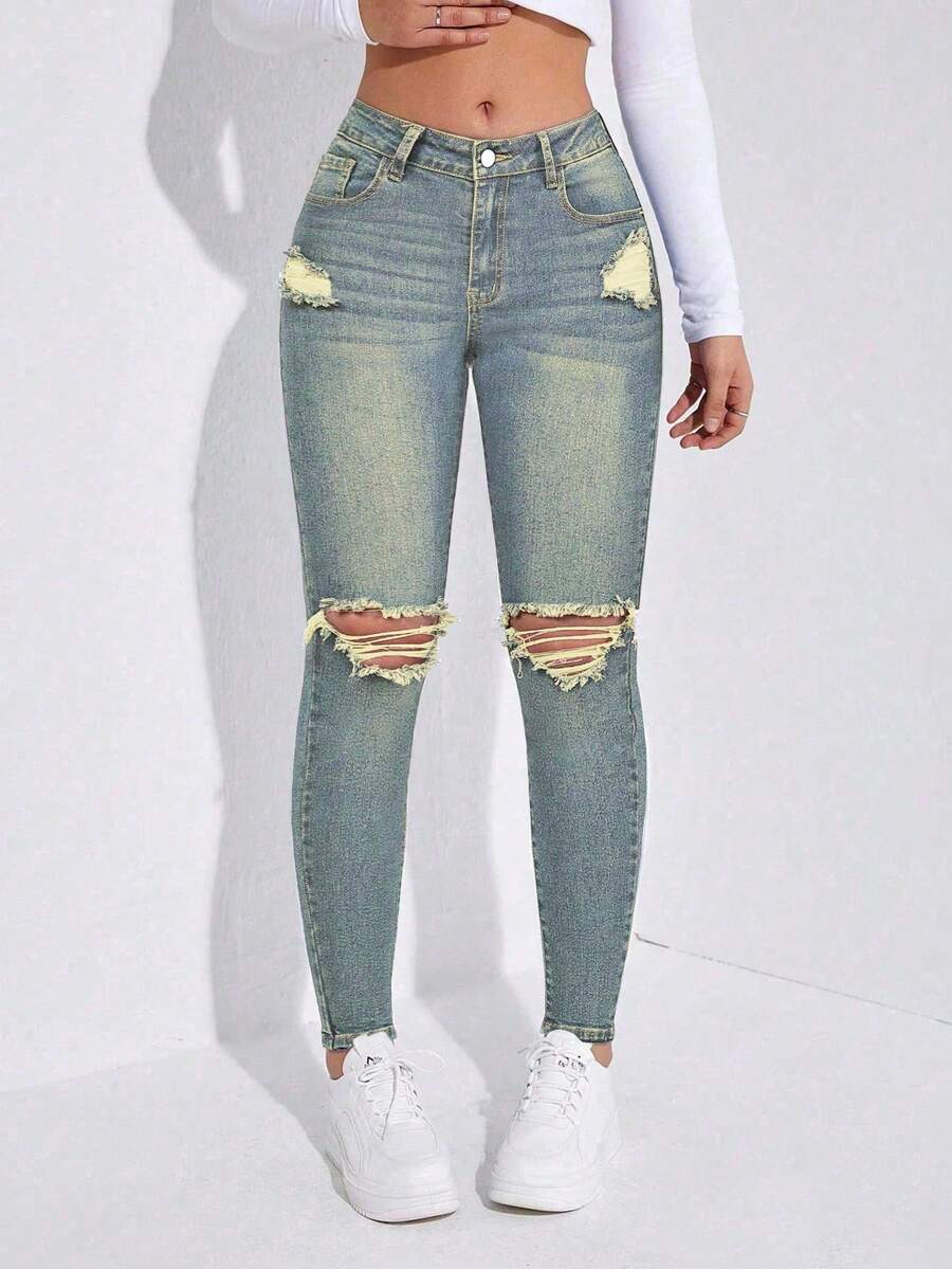 Casual Washed Low-Waist Distressed Skinny Jeans - Blue - View 1