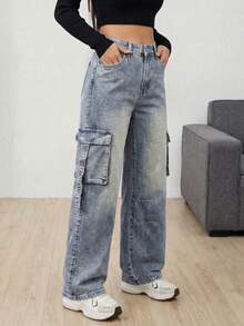 SHEIN ICON 女士高腰工装口袋阔腿宽松休闲牛仔裤 - 藍色 - 查看 4