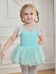 Robe de tutu de ballet pour jeunes filles, tissu vert clair à haute élasticité pour le printemps/été, manches volantées pour un look léger, jupe en tulle avec un éclat nacré, élégante et fraîche pour le port quotidien, les représentations de ballet et les pratiques - Vert menthe - Voir 3