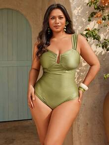 Swim Oasis 加大码绿色纹理U领粗肩带可调节后背褶皱常规下摆叶子印花腰带网纱裙连体泳衣，简约优雅时尚性感沙滩度假 - 綠色 - 查看 6