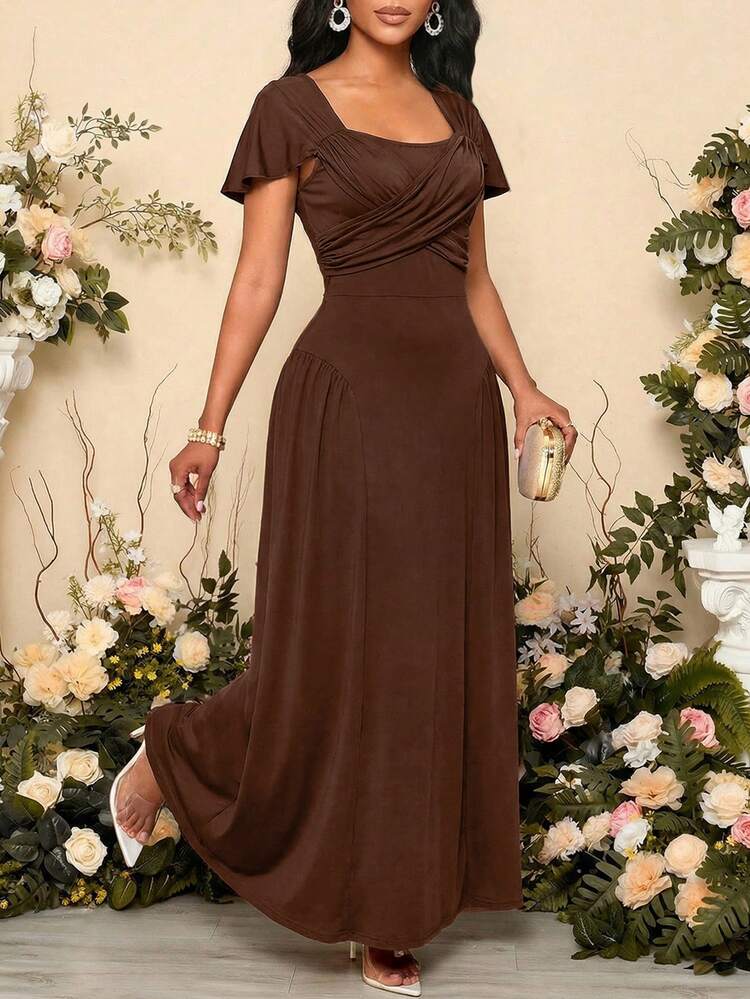 SHEIN Lady 女士纯色褶皱优雅收腰长连衣裙，适合约会和派对穿着 - 深棕色 - 查看 4