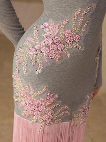 MOTF PREMIUM CUTOUT SHOULDER CONTRAST SEQUINS FLORAL EMBROIDERY MESH APPLIQUES FRINGE HEM DRESS - Pink - View 4