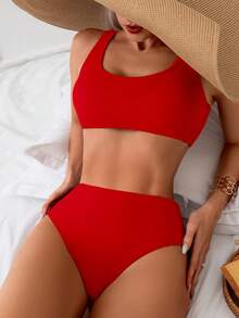 Swim Basics 女士纯色时尚比基尼泳装套装 - 紅色 - 查看 3