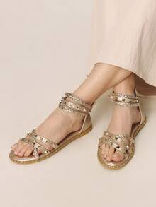 Styleloop Riveted Roman Sandals Women's Spring And Summer New Bohemian Sexy Woven Cross Belt Travel Women's Shoes, Spring And Summer Outside Vacation Beach Leisure - Light gold - View 2