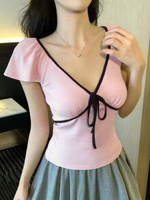 DAZY 女士夏季撞色系带腰短袖修身休闲套头T恤 - 粉色 - 查看 3