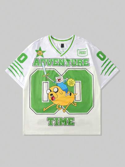 ROMWE MEN Adventure Time X ROMWE Męska koszulka sportowa z krótkim rękawem i siateczką z nadrukiem w panterkę, z krótkim rękawem, koszulka sportowa