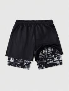 ROMWE MEN Street Life Quần short nam hai lớp, cạp chun, in chữ và hình mắt. - màu đen - Xem 2