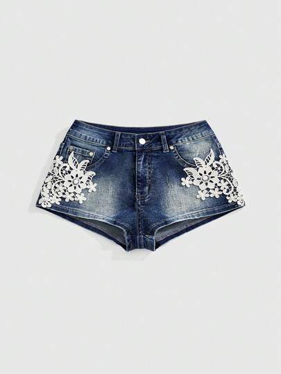 ROMWE Y2K Style Sexy Low Waist Lace Bodycon Ultra Low Waist Vacation Denim Shorts For Women, Spring/Summer
