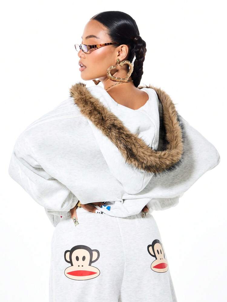 SUMWON Women's Oversized Monkey Character Full-Zip Hoodie With Faux Fur Hood Trim And Drawstring