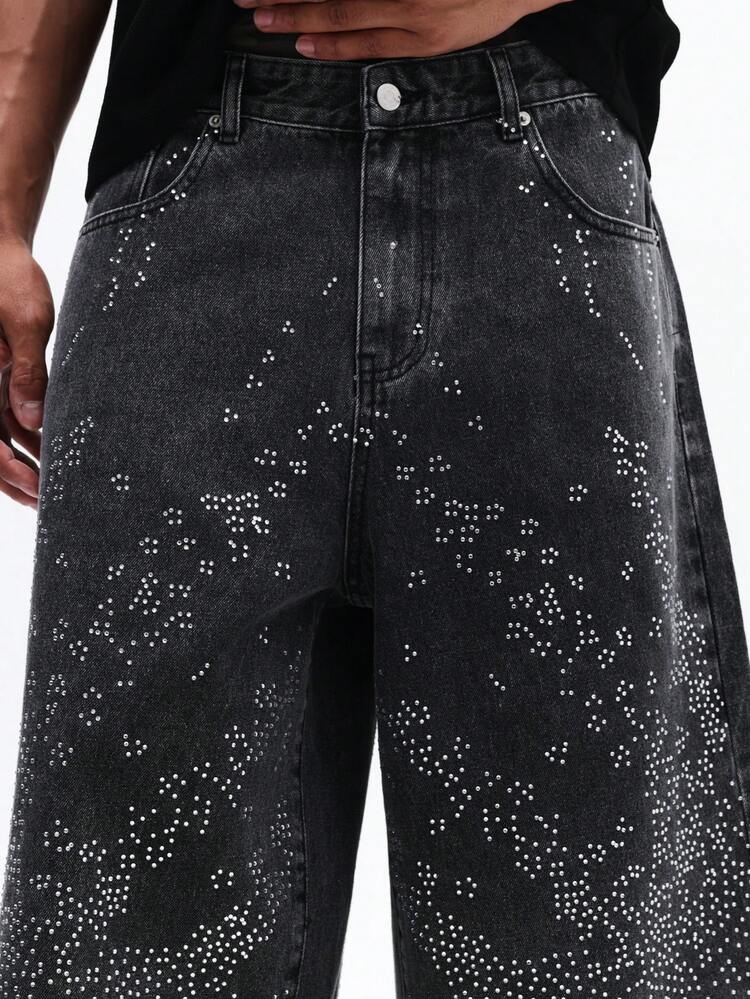 남성 라인스톤 스터드 데님 반바지 배기 와이드 레그 조츠 여름 축제 스파클 스테이트먼트 캐주얼 스트리트웨어