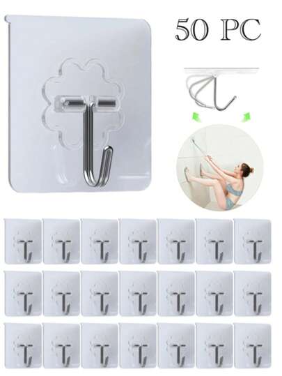 50 pièces Crochets adhésifs transparents et sans couture, crochets magiques imperméables à monter au mur, convenant pour la salle de bain et la cuisine, sans perçage requis pour différents matériaux de surface. Crochets accessoires de salle de bain, crochets de rangement de salle de bain, crochets de porte, crochets muraux.