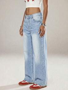 SHEIN ICON Women's Casual Washed Low-Waist Straight Leg Jeans - Light Wash - View 4
