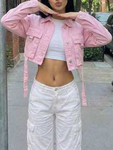 SHEIN ICON Women's Casual Turndown Collar Single-Breasted Long Sleeve Denim Jacket, Versatile For Daily Wear - Pink - View 4