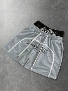 ROMWE MEN Men's Drawstring Waist Letter Print Casual Versatile Daily Wear Shorts, Suitable For Spring & Summer - Light Grey - View 4