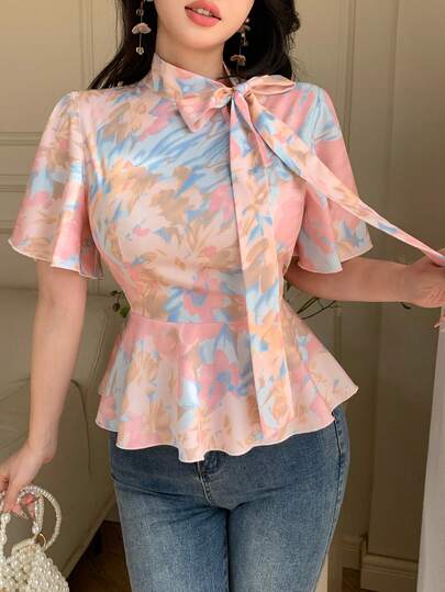 Celisse Women's Floral Print Ruffle Collar Tie Front A-Line Blouse