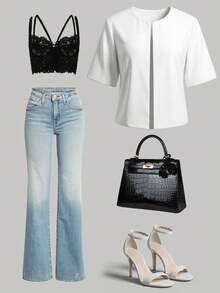 GlowEve Collarless Short Sleeve Cropped Fashionable Versatile Women Blazer - White - View 3