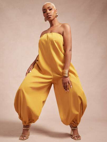 Vixey Solid Woven Strapless Balloon Hem Jumpsuit
