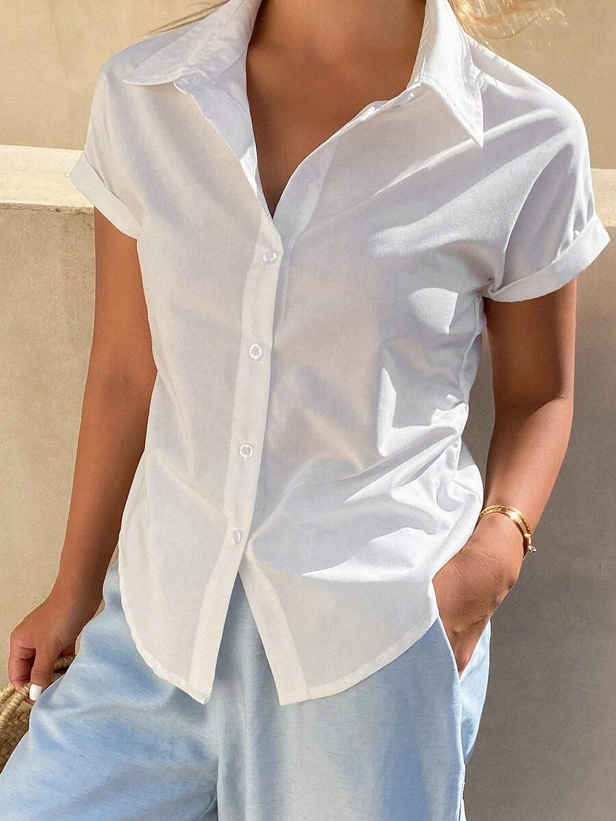 DAZY Áo kiểu nữ màu trơn, ôm eo, tay dài, phong cách thường ngày thanh lịch mùa hè. - trắng - Xem 1