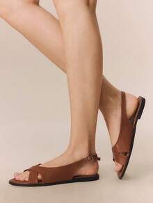 Styleloop Women's Shoes Buckle Crossed Trim Flat Sandals Holiday Travel Essential Boho Cowgirl Outfit Coachella - Brown - View 4