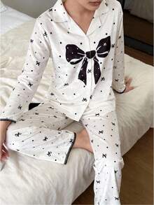 Cute Bow Combination Print Teen GirlWomen's Long Sleeve Cardigan And Pants Casual 2-Piece Loungewear Set, Lace Trim Design Adds Elegance And Charm Bow Print Top - Apricot - View 7