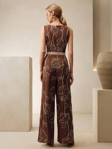 Anewsta New Elegant Fashion Vacation Date Night Outing Holiday 3D Embroidery Square Neck Sleeveless Belted Jumpsuit For Women, Spring/Summer - Rust Brown - View 7