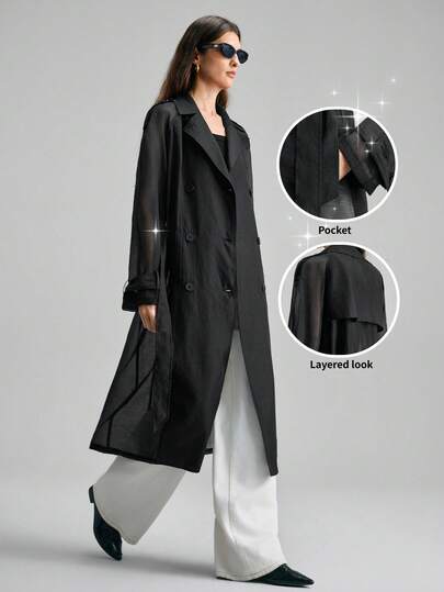 Ontre 2026SS New Women's Trench Coat, Semi-Sheer, Long Sleeve, Loose Fit, Fashion Versatile, Woven Fabric, Suitable For Valentine's Day, Wedding Season, Sheer Design, Loose Fit, Open Front, Casual Chic Trench Coat, Wedding Guest Attire, Holiday Party, Romantic Valentine's Day