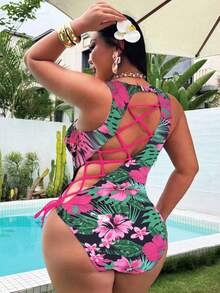 Swim SXY 大码女式热带印花连体泳衣，海滩度假 - 彩色 - 查看 2