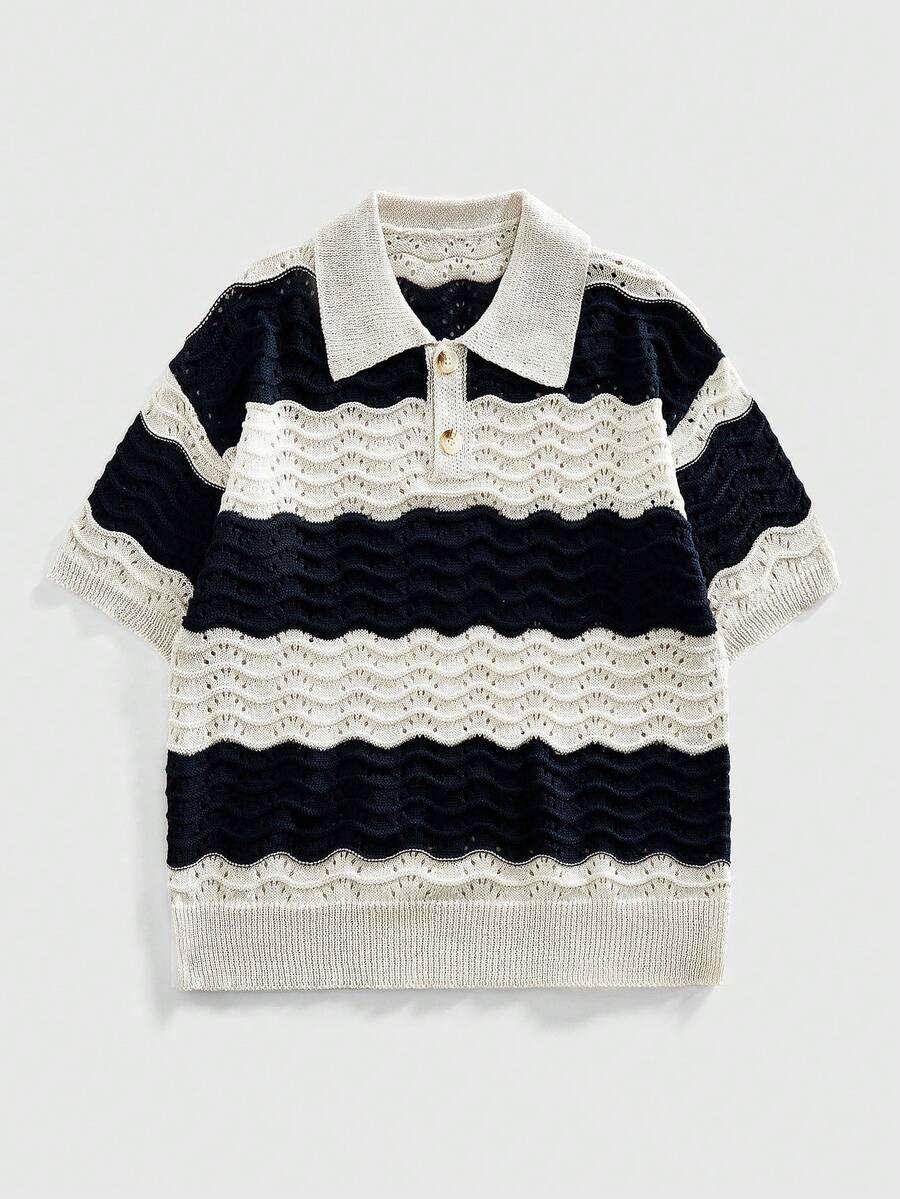 ROMWE MEN Men's Casual Contrast Stripe Short Sleeve Knit Top - Multicolor - View 1