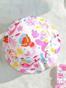 Baby Girl Cartoon Graphic Bow Detail Ruffle Trim Bikini Swimsuit With Headband - Multicolor - View 5