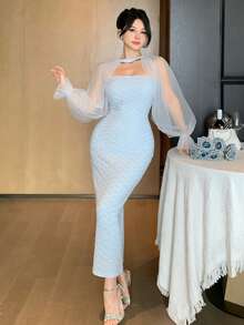 DAZY Women's Elegant Commuter Mesh Patchwork Mid-Length Dress - Baby Blue - View 5