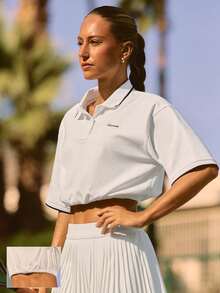 GLOWMODE Cotton Pique Clubhouse Relaxed Fit Contrasting Neckline Cuff Trim Adjustable Drawstring Hem Cropped Cinched Polo Top Tennis Golf Pickleball Daily Casual Wear - White - View 1