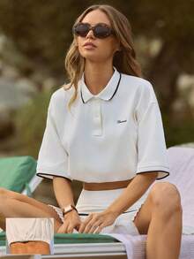 GLOWMODE Cotton Pique Clubhouse Relaxed Fit Contrasting Neckline Cuff Trim Adjustable Drawstring Hem Cropped Cinched Polo Top Tennis Golf Pickleball Daily Casual Wear - White - View 8