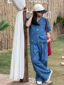 DAZY 2件套少女泡泡印花短袖牛仔上衣和牛仔裤套装，秋季 - 藍色 - 查看 3